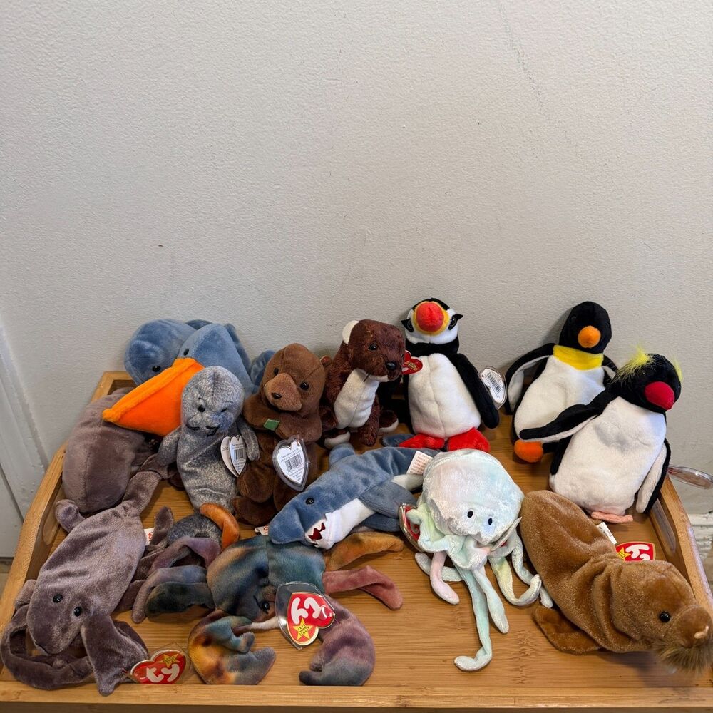 TY Beanie Babies Lot of 14 Ocean Sea Animals Penguins Shark Lobster Tagged